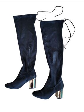 Justfab Black Over-the-Knee Boots with Gold Block Heel/Faux Suede
